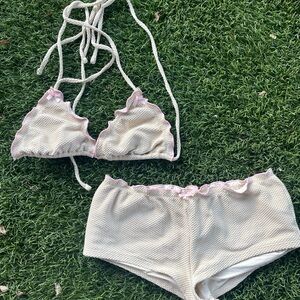 Frankie's Bikinis Cream Bikini Set with Pink Trim
